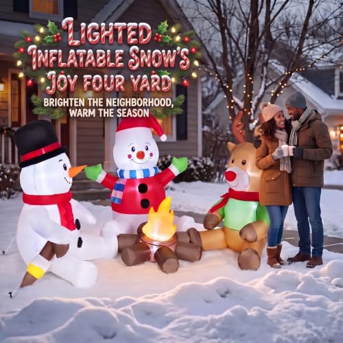Red 6FT Christmas Inflatable Snowman & Reindeer with Fire Pit - Kendane