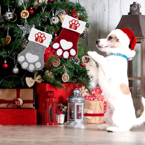 Ulico Large Red Dog & Cat Christmas Stocking with Initial L, Paw Shaped Embroidered Holiday Decor