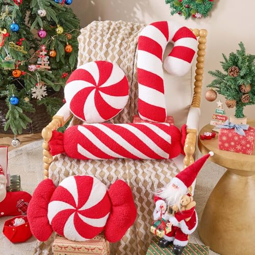Lanpn Red Candy Pillows 4pk Set - 12x22, 12x21, 7x27, 12x13 inch Christmas Cushions