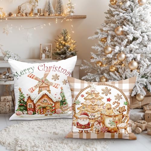 Lanpn Christmas Throw Pillow Covers 20x20 Set of 4, Gingerbread Man