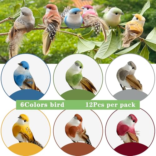 4-Inch Artificial Feather Bird Ornaments with Clips, 12-Pack