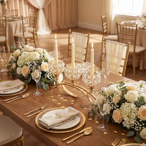 SylvaCraft 3-Arm Arched Crystal Candelabra Gold, Table Centerpiece (1 PCS) — Wedding & Home Decor