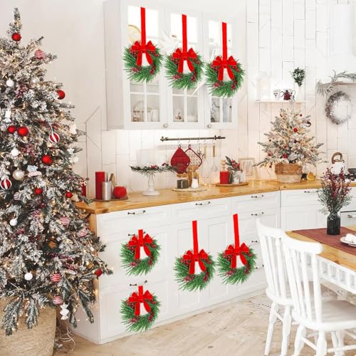 12-Inch Mini Christmas Wreaths for Cabinets with Red Bows, Set of 4