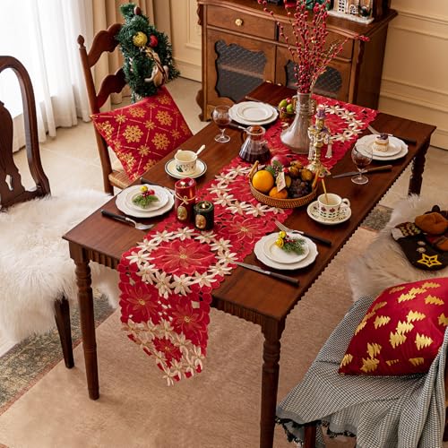 Joyfol Day Christmas Table Runner 14x59 Inches with Gold Poinsettia Embroidery