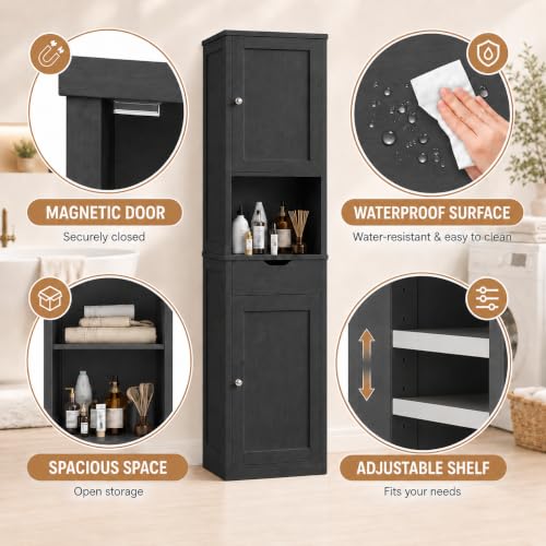 Walsunny Tall Bathroom Storage Cabinet with 6 Adjustable Shelves - Black / 1 Drawer