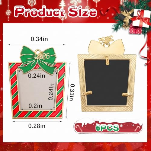 Cindeer 6-Pack Christmas Photo Ornament Frames - Gift Box Shape, 4.33" Outside, 2.36" Inner Photo - Red/Green/White Styles