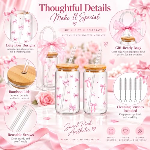 Mumufy 16 Sets Pink Bow Glass Cups with Lids & Straws Coquette Style
