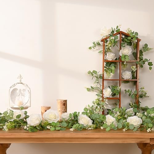 2Pcs 13Ft Eucalyptus Garlands with 8 White Roses - Faux Floral Decor for Weddings and Events