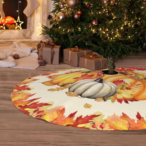 Fall Pumpkin Christmas Tree Skirt - 30 Inch Farmhouse Holiday Tree Mat