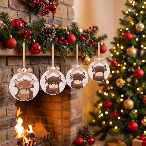 Geelin Highland Cow Christmas Ornaments Set — 12 Lightweight 3D Wooden Decorations