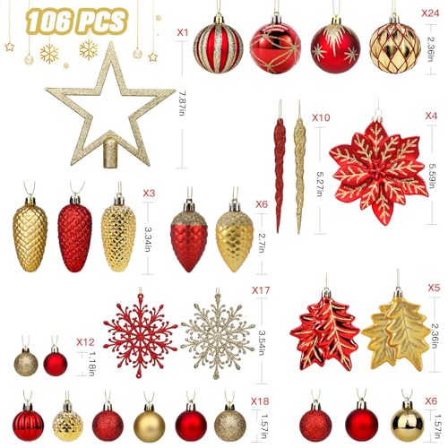 106-Piece Shatterproof Christmas Ball Ornaments Set with Hooks - Red & Gold
