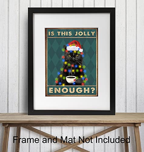 Cat Christmas Wall Art - Unframed 8x10 Black Cat Santa Holiday Decor