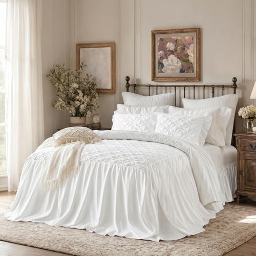 UOZZI BEDDING Queen Ruffle Skirt Bedspread Set - 30" Drop White Quilt
