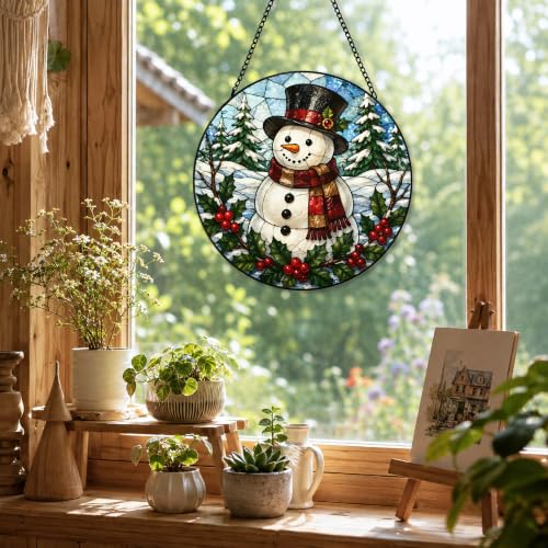 FZSZSD Snowman 9 Winter Glass Suncatcher - 7.8 x 7.8 inch Rustic Holiday Window Decor
