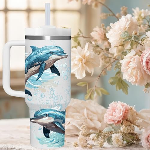 AMZUShome 40 OZ Dolphin Tumbler with Handle - Personalized Dolphin Lover Gift