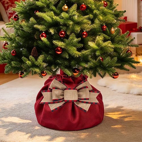 Fantang 51x51in Red Burlap Christmas Tree Skirt with Bow - Dark Red