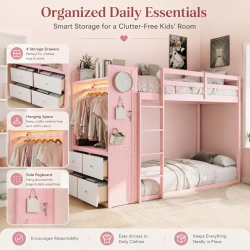 Twin Over Twin Wooden Bunk Bed with Storage Drawers and LED Lights