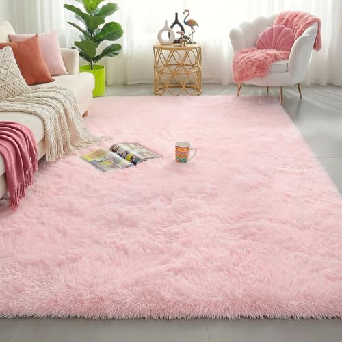 Light Pink Fluffy Area Rug (4x6) - Soft Plush Shag Carpet for Kids Bedroom