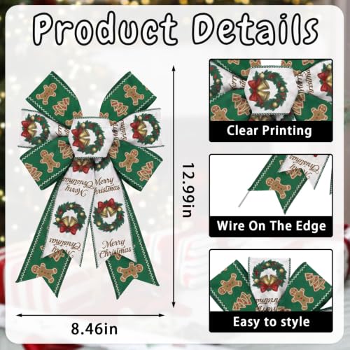 Green Gingerbread Christmas Wreath Bows - Pack of 2 Indoor Outdoor Decor