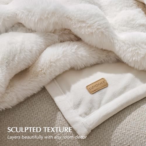Ivory Faux Rabbit Fur Throw Blanket, 60x80 Inch Sculpted Bubble Texture