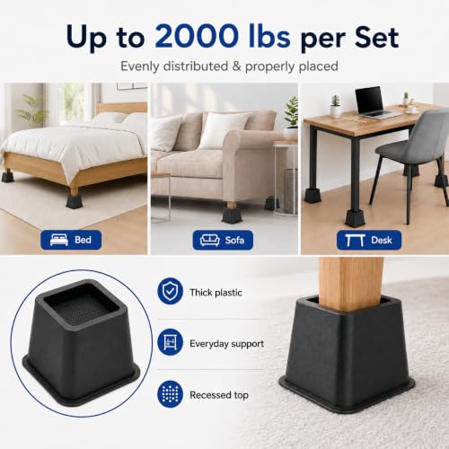 Heavy Duty Bed Risers 3 Inch - 2,000 lbs Capacity Furniture Lifters (4 Pack)