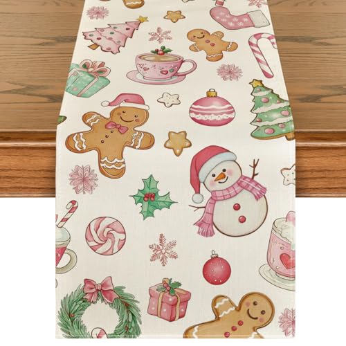 Artoid Mode 13 x 120 Inch Snowman Table Runner - Pink, Christmas Home Decor