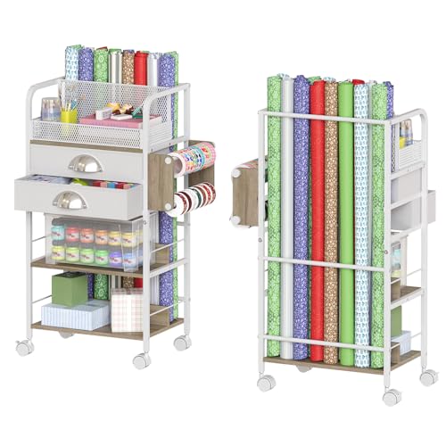 Rolling Wrapping Paper Storage Cart with Drawers and Wheels White
