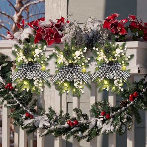 Hotop 3-Piece 17.7-inch Black & White Christmas Stairway Swag with Lights