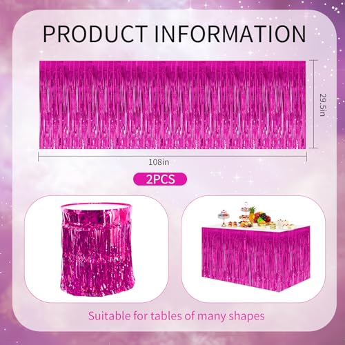 2-Pack Metallic Foil Fringe Table Skirts, Hot Pink Tinsel Party Decor