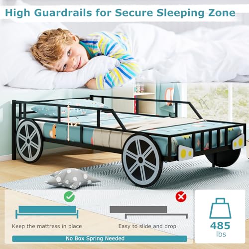 Twin Size Race Car Bed Frame for Kids with Safety Guardrails & Metal Slats