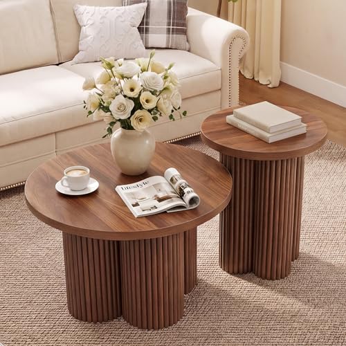 Round Nesting Coffee Table Set of 2, Fluted Wooden Tables for Small Spaces