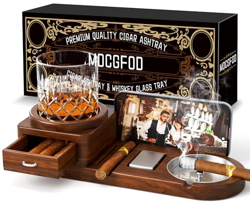 Acacia Wood Cigar Ashtray and Whiskey Glass Tray with Storage Drawer
