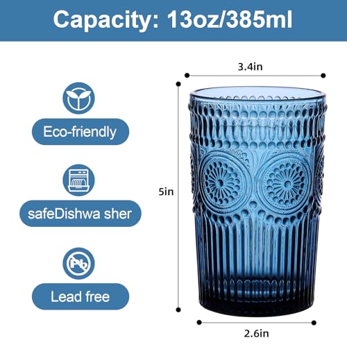 13oz Vintage Flower Drinking Glasses Set with Straws - 6 Piece Blue Glassware
