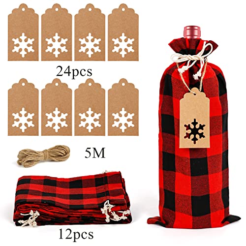 SULOLI 12-Piece Christmas Burlap Wine Bags with Drawstring, 24 Gift Tags & 16.4 ft Rope—Buffalo Plaid