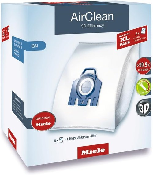 Miele Genuine AirClean GN Vacuum Cleaner Bags - 8 Allergy XL Bags Plus 1 HEPA Filter for C2 & C3
