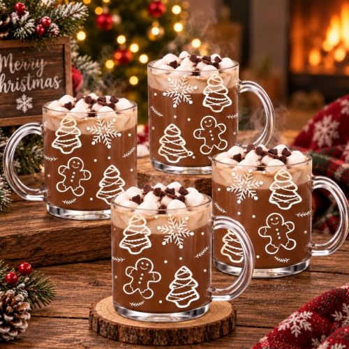 LemonRoad 4 Pcs Christmas Glass Coffee Mugs 12 oz Gingerbread Cups - Variation: 4 / Christmas