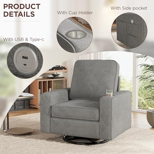 Modern Swivel Accent Chair with USB Charging, Cup Holder and Side Pocket
