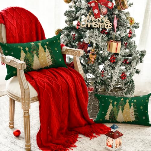 AVOIN Colorlife Christmas Tree Throw Pillow Covers 20 x 12 in, Set of 2, Green Snowflake