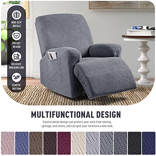 Stretch Recliner Chair Cover - 3-Piece Jacquard Slipcover with Pocket