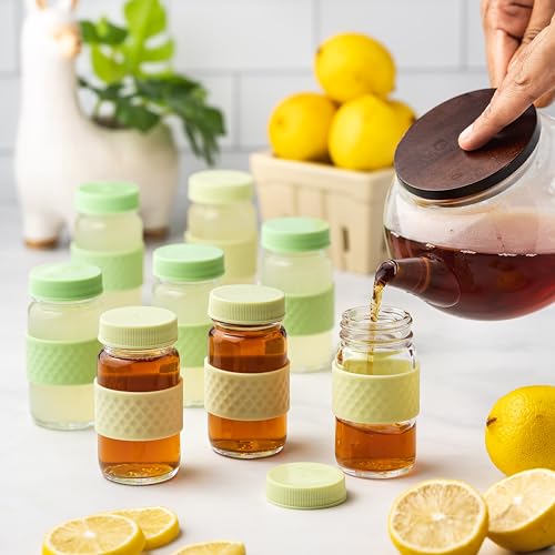 Green Glass Juice Shot Bottles with Caps & Grip Bands, 2oz - All About Juicing