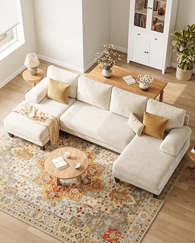 112-Inch U-Shaped Sectional Sofa with Double Chaise, Warm White Chenille