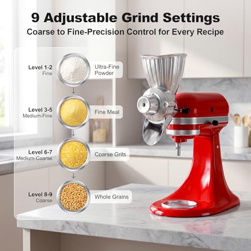 All-Metal Grain Mill Attachment for Stand Mixers, 9-Level Adjustable Flour Mill