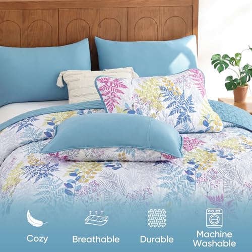 Blue Botanical Leaf Quilt Set King Size, 3-Piece Lightweight Microfiber Coverlet