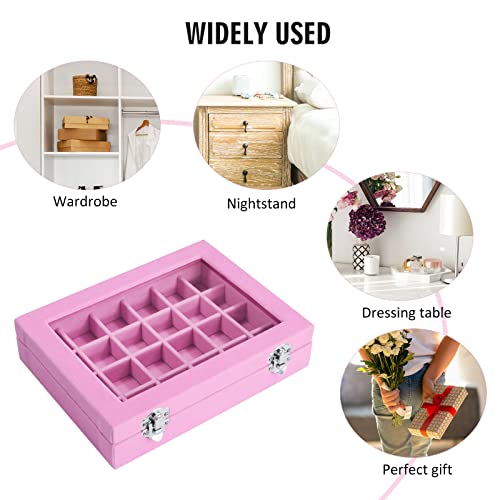 24-Grid Velvet Jewelry Box Display Organizer Tray with Clear Glass Lid (Pink)