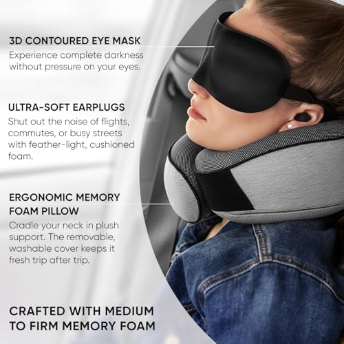 Memory Foam Travel Neck Pillow with Eye Mask & Earplugs - Grey
