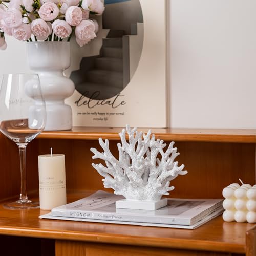 White Resin Coral Statue 5.8-inch Nautical Beach Decor for Shelf Tabletop