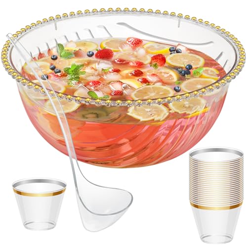 Large 1.7 Gallon Punch Bowl Set with Ladle and 25 Gold-Rimmed Cups