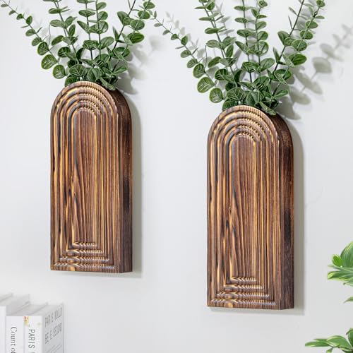 Wooden Wall Planter Vase Set of 2, Boho Hanging Wood Planters for Home Decor