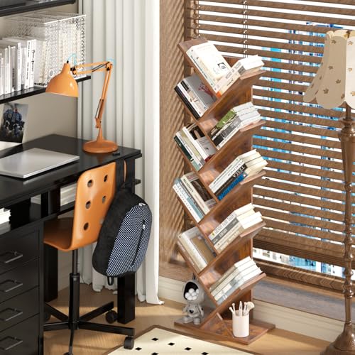 10-Tier Tree Bookshelf, Narrow Tall Wood Bookcase for Small Spaces