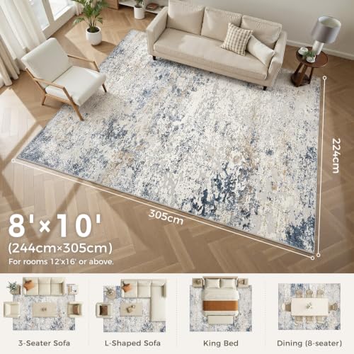 8x10 Washable Abstract Area Rug, Neutral Beige and Blue Non-Slip Carpet